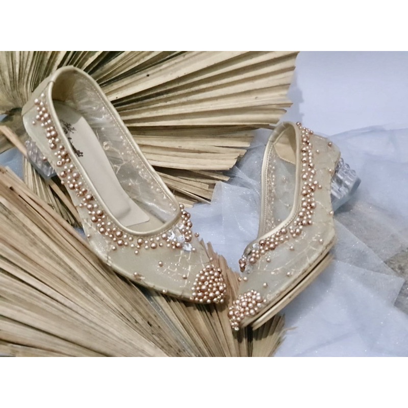 sepatu wedding gaga gold tinggi 3cm kaca