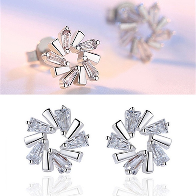 Anting Stud Bentuk Bulat Geometris Bahan Cubic Zirconia Untuk Wanita