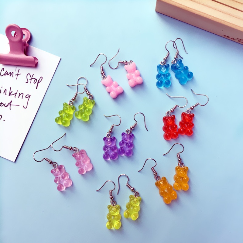 Anting stud Desain Kartun Beruang Gummy bear Warna Permen Transparan Buatan Tangan Gaya Jepang