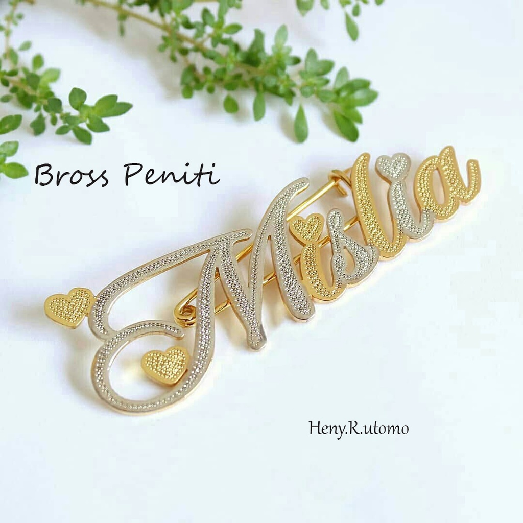 Bros Nama Custome/ Logo / Merk / Bross Nama Wanita /  Pin  Brooch  / Aksesories Jilbab  Hijab Tudung-SILVERGOLD