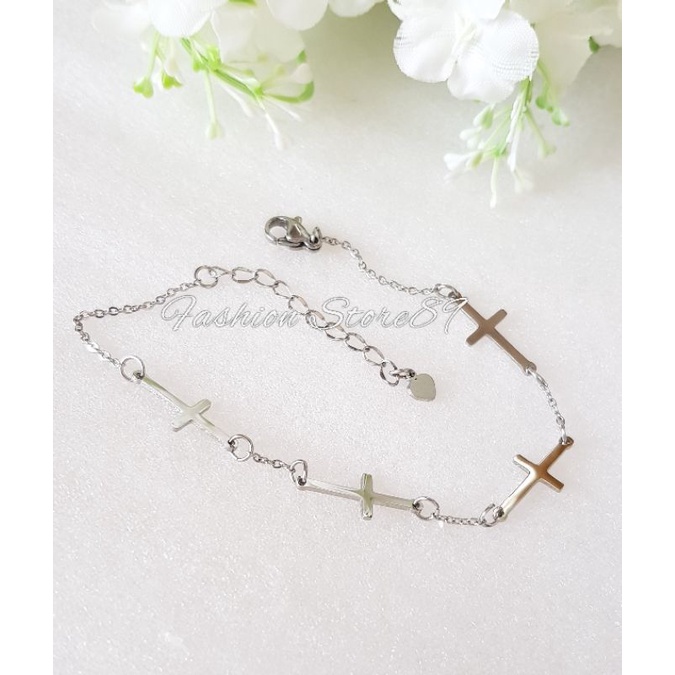 Gelang Titanium Salib Silver Perhiasan Titanium Antikarat Impot Bestquality premium
