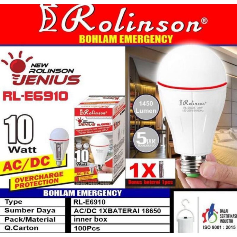 Bohlam emergency rolinson 10Wat AC DC batrai swat 18650