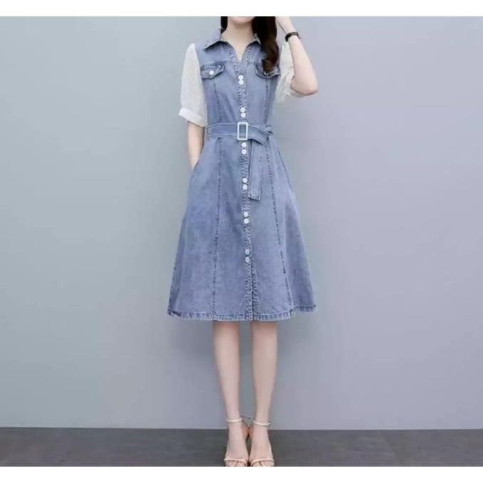 DRESS JEANS WANITA LENGAN PENDEK DENGAN KOMBINASI BAHAN SIFON