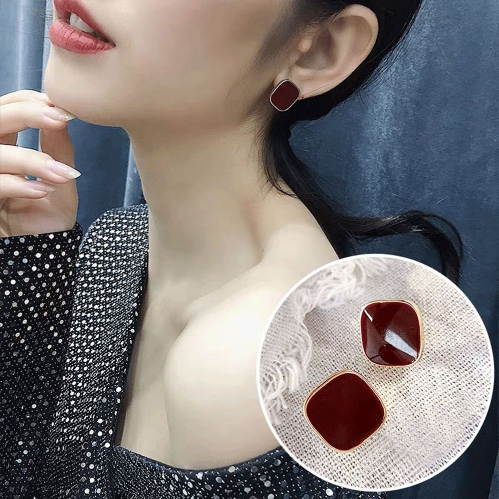 Anting Stud Enamel Bentuk Kotak Geometris Warna-Warni Gaya Vintage Untuk Wanita