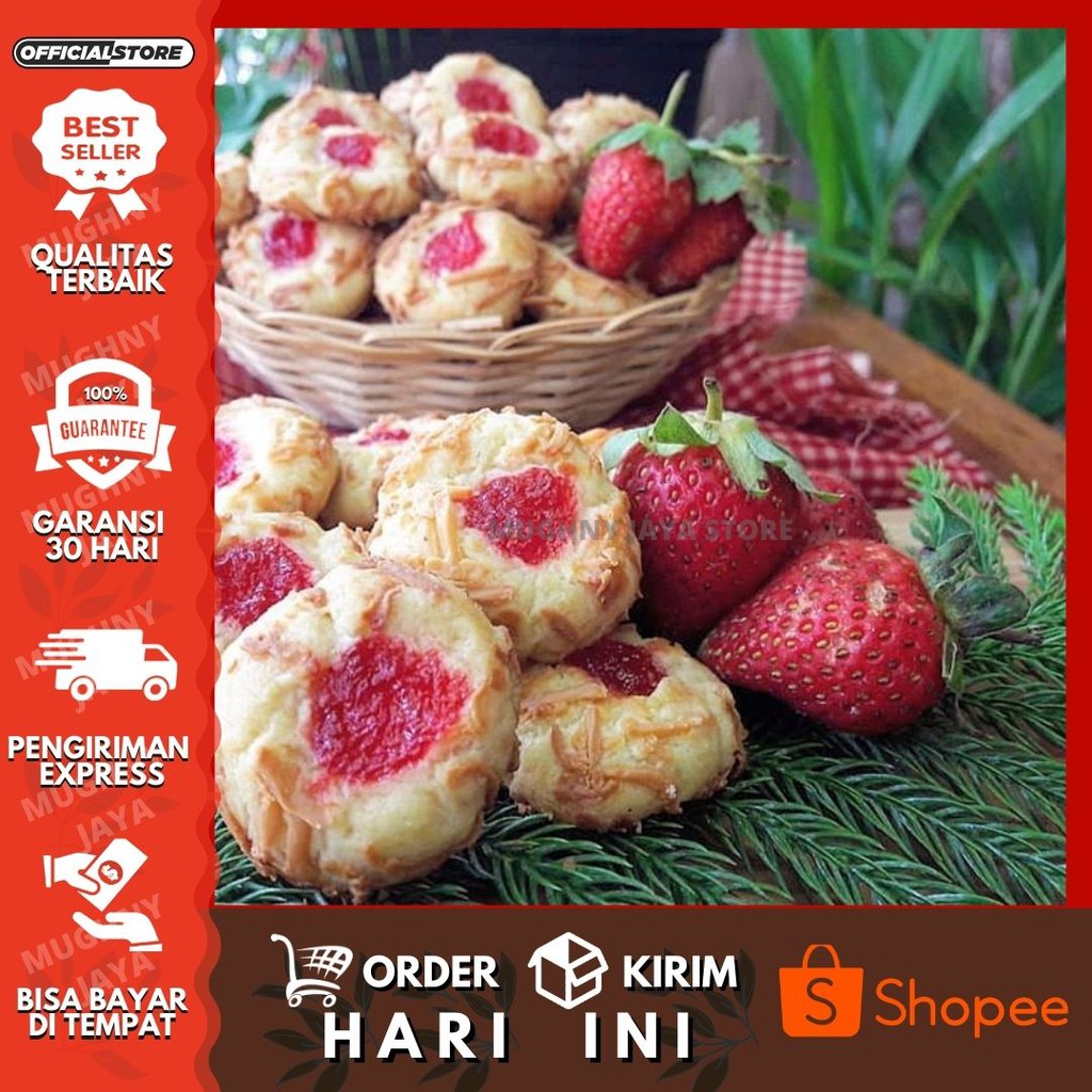 

TERLARIS COD !!! kue thumbprint strawberry 500 gram (1/2kg Per toples) kue lebaran cemilan keluarga