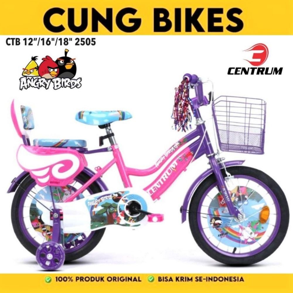 Sepeda Anak Mini Centrum 16 18 Inch (usia 4-8 tahun) ANGRY BIRD Unicorn kuda Pony Keranjang besi