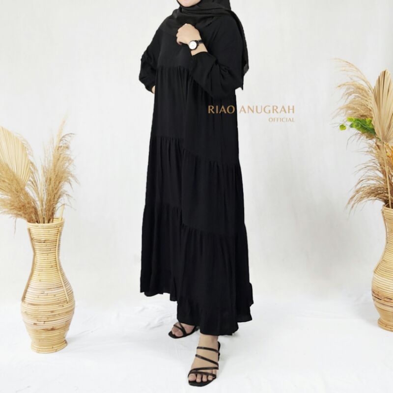 Long Tunik Dress Katun Rayon Polos Rachel Atasan Wanita Model Rempel Terbaru Warna Hitam /05