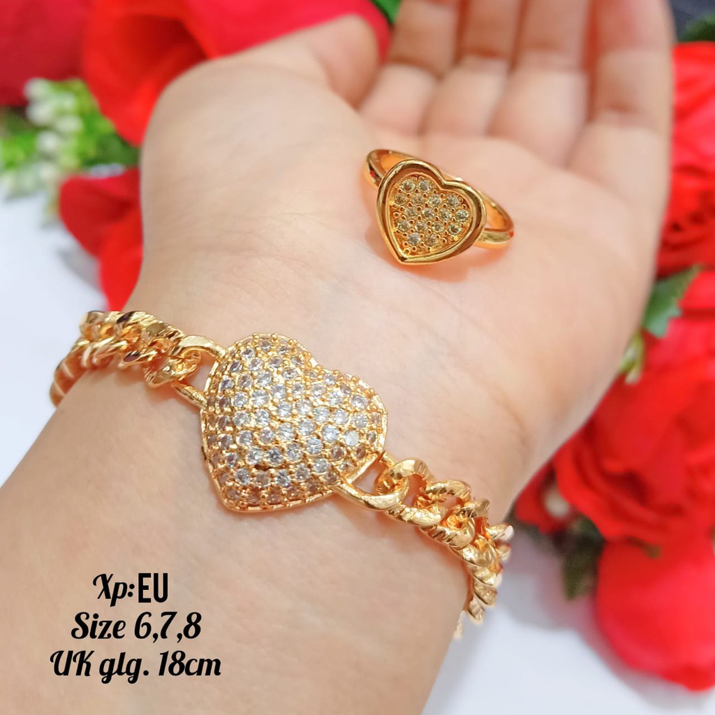 Gelang TITANIUM Dewasa FREE cincin,motif permata love  Gold tidak karat  COD