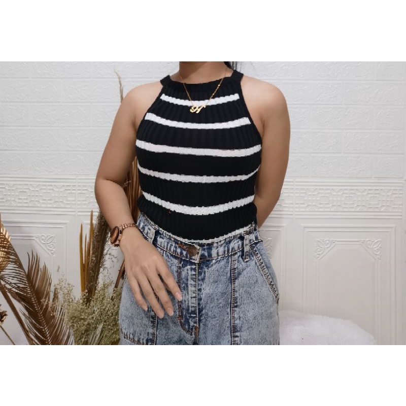 Crop Tee Tanktop Wanita Rajutan Tank top Inner Knit Salur Tebal