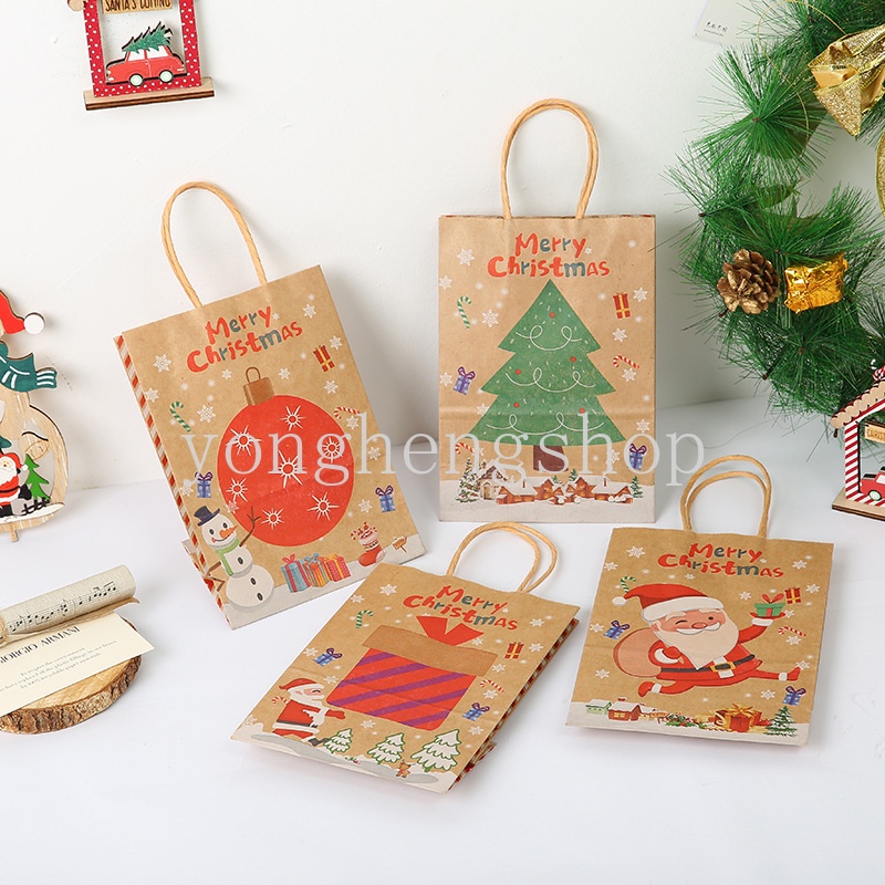 Tas Kertas Kraft Portable Motif Santa Claus Untuk Kemasan Hadiah Natal