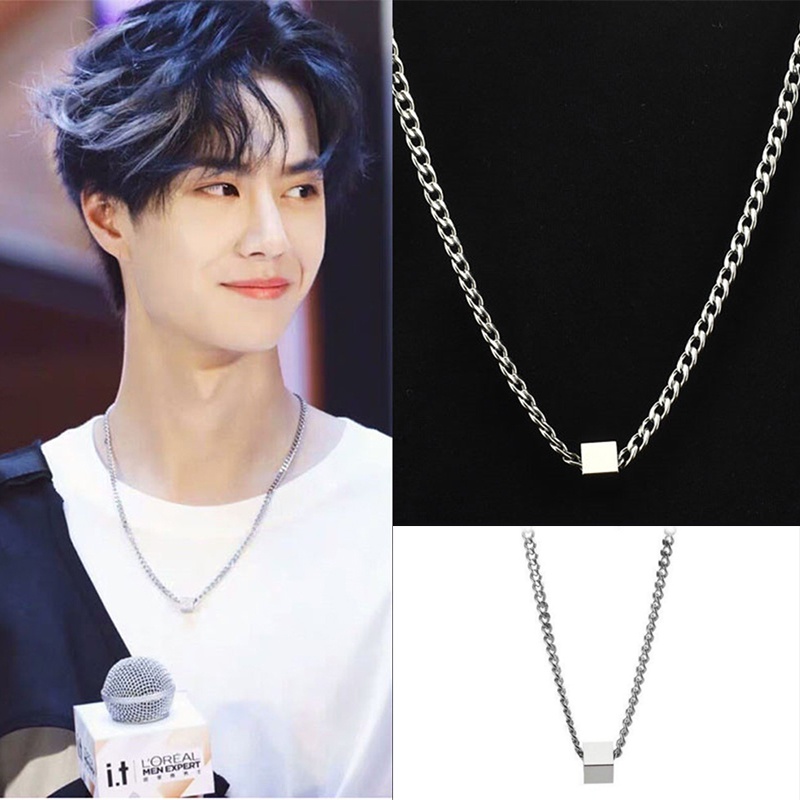 Wang Yibo Kalung Persegi Stainless Steel Gaya Sama untuk Wanita dan Pria