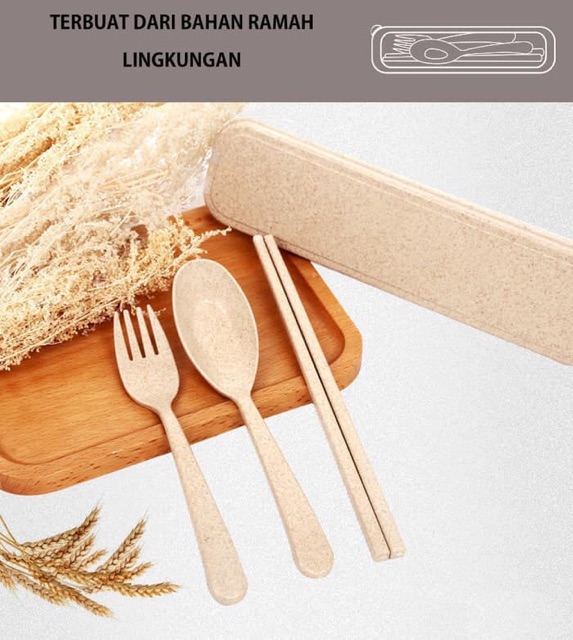 SET SENDOK GARPU SUMPIT + TEMPAT Bekal Anak TRAVEL BAHAN GANDUM JERAMI Set Travel