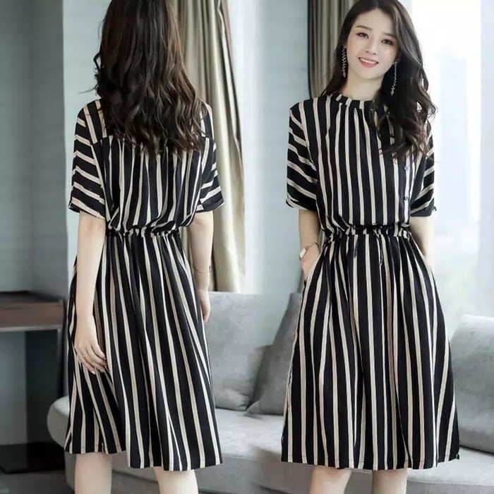 TBI Baju Wanita Midi Dress Import Model Pullover Stripe Corak Salur Korea Dress Korean Dress Style