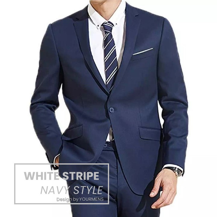 BLAZER SLIMFIT PRIA KERJA RESMI NIKAH TERBARU WHITE STRIPE NAVY ORIGINAL NIKAYU HIGH TWIST