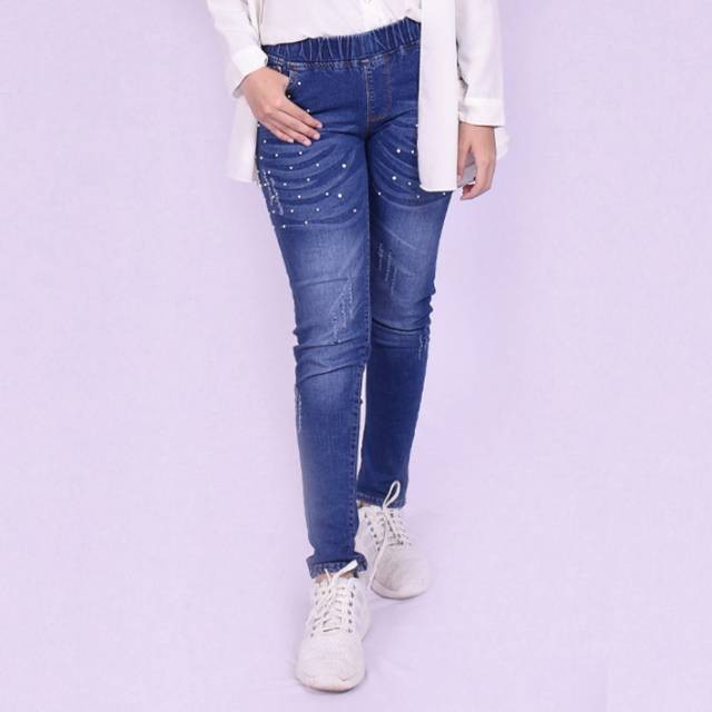 LEGING JEANS CELANA PANJANG WANITA PINGGANG KARET APLIKASI MUATIARA TEMBAK SIZE // 27-34