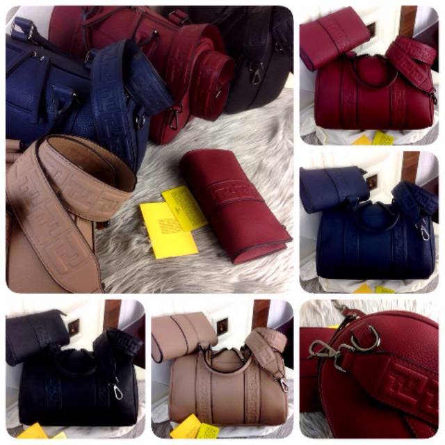 #7887 New Arrival FENDI Speedy Boston Leather Bag SS19 With Clutch & FF Velvet Strap