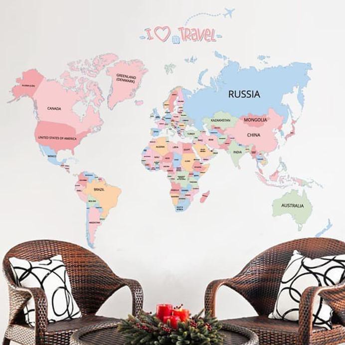 

WALL STICKER PETA DUNIA I LOVE TRAVEL MAP IN THE WORLD ABC1055 STIKER - WORLD MAP