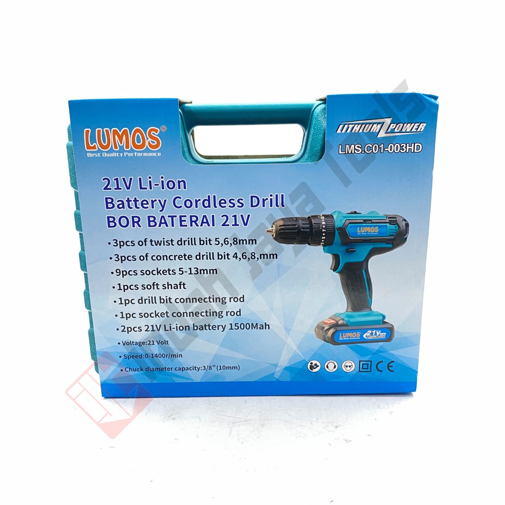 LUMOS 21V Mesin Bor Cordless Baterai 21 V Bor Besi Beton Charger Cas Tembok Kayu Batere Impact Drill