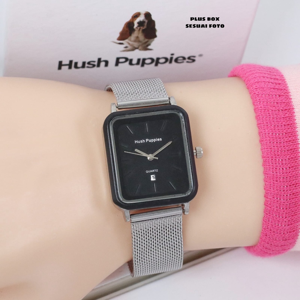 BEST SELLER JAM TANGAN WANITA HUSH PUPPIES E85 TALI RANTAI PASIR TANGGAL AKTIF DM 3.0CM FREE BOX || JAM TANGAN WANITA FASHION WANITA HUSH PUPPIES HP