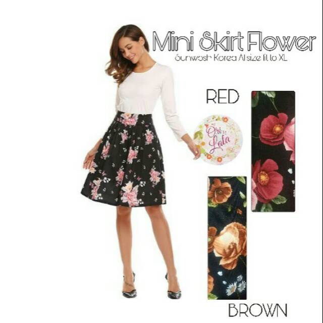 Rok Mini Bunga Hitam Flower Skirt Floral Sunwosh Korea Vintage Summer