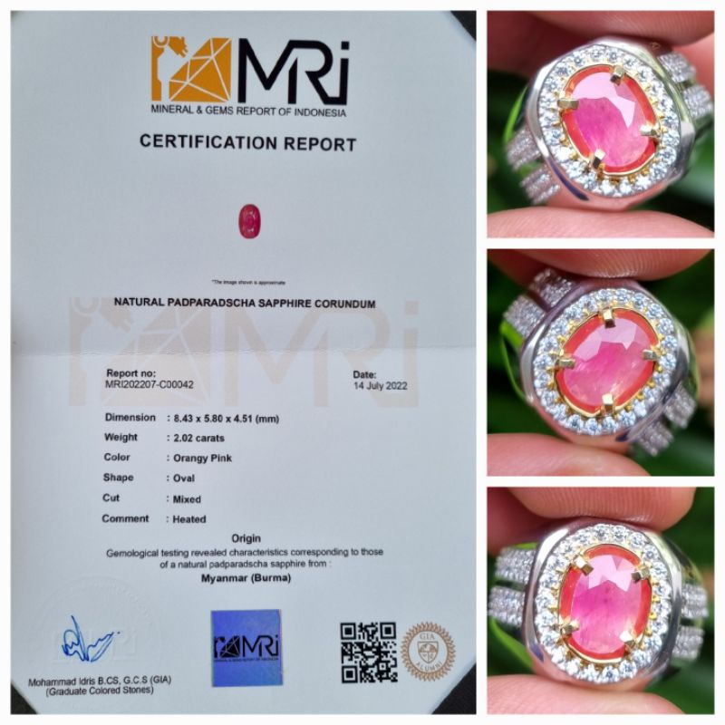 Natural Padparadscha Sapphire Burma Myanmar Sertifikat MRI 2.02 crt
