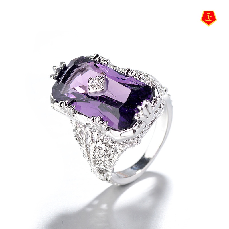 [Ready Stock]Personality Vintage Inlaid Chamfered Rectangular Amethyst Ring