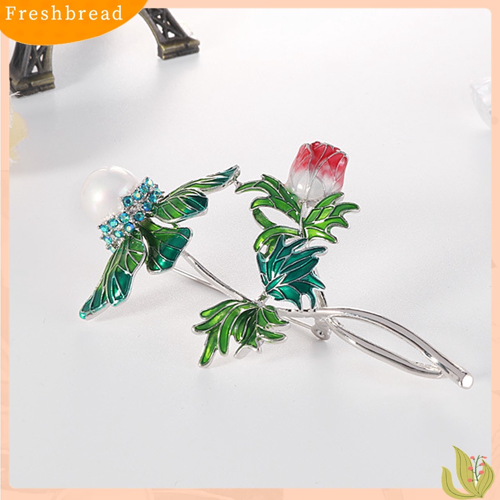 Terlaris Simple Rose Flower Leaf Faux Pearl Rhinestone Brooch Pin Lapel Jewelry Accessory