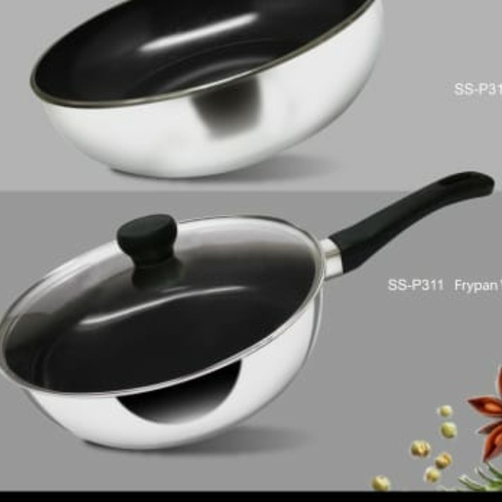 Frypan Maspion Wok 26cm + Tutup kaca SS-P311 Wajan Penggorengan stanless steel anti lengket