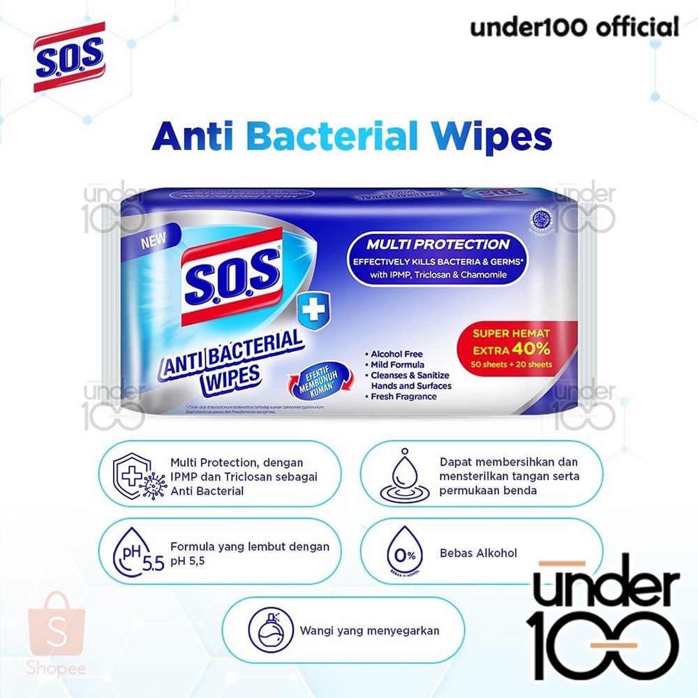 ❤ Under100 ❤ SOS Anti Bacterial Wipes | S.O.S Tisu Basah Anti Bakteri Efektif Membunuh Kuman | Alcohol Free