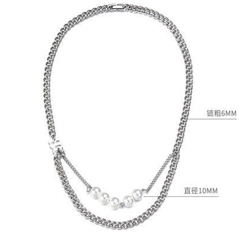 Pearl Double Necklace Accessories Pendants Hip Hop Trendy Titanium Steel