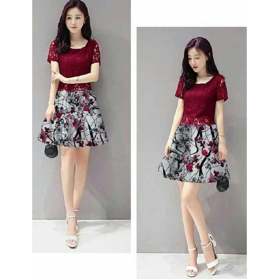 dress pendek brukat / mini dress red brokat flower abstrak party