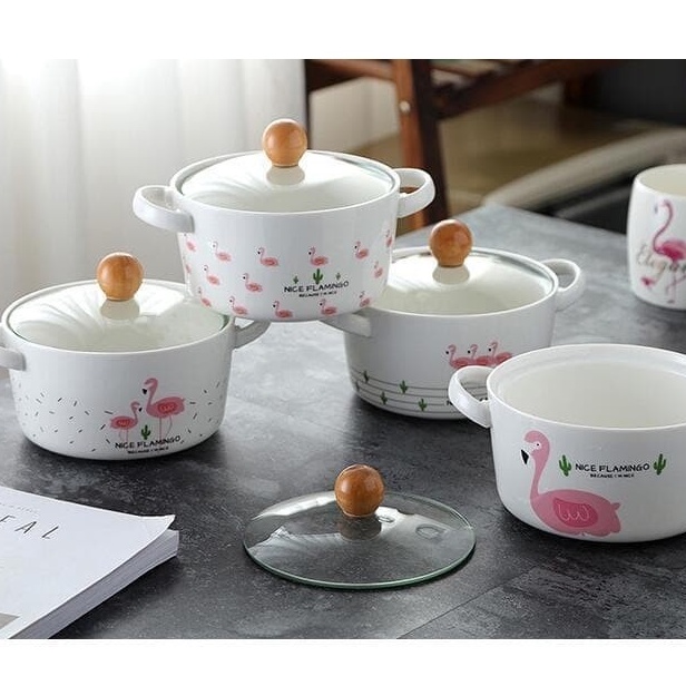 Mangkok Keramik Tutup Kaca Mangkuk Pot Handle