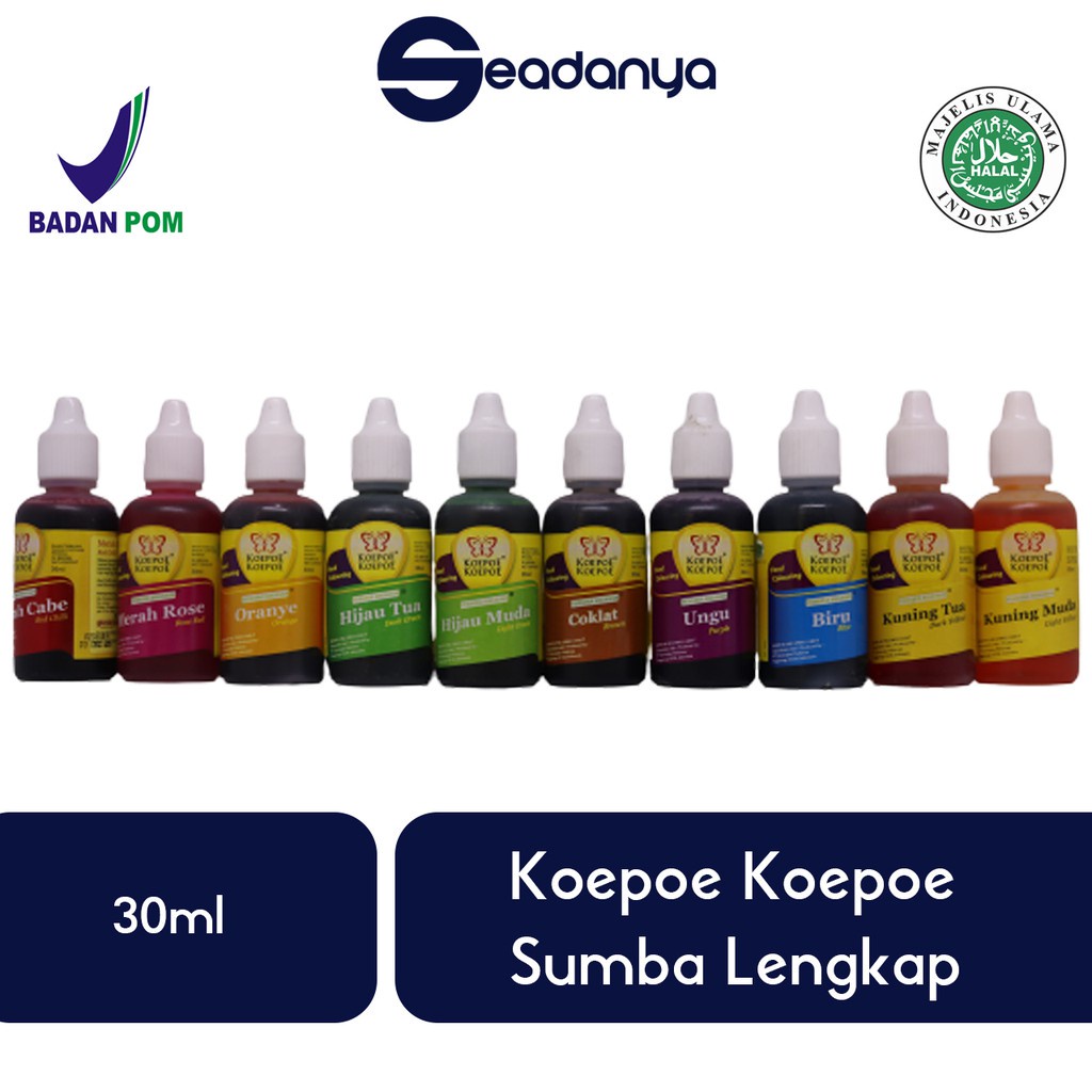 

Koepoe Koepoe Food Colouring 30ml Sumba TERLENGKAP - Semua Pewarna Makanan - Halal MUI & BPOM