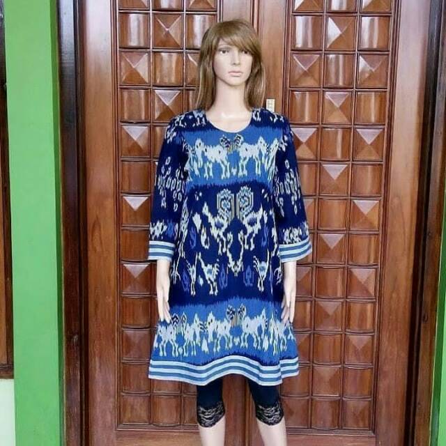 Mini dress formal batik tenun troso jepara motif sumba toraja warna biru navy