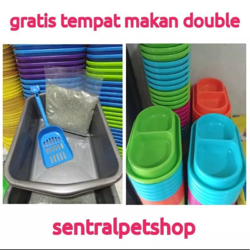 Bak Pasir abu + Temapat Makan Double Bulat + Skop GRATIS Pasir 1KG Tempaf Pup Kucing 1 Set