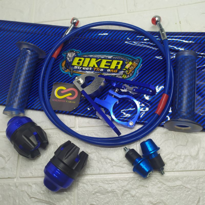 Paket Variasi Kulit Jok Biker + Handgrip + Jalu Stang + Jalu As + Selang Rem Depan 130cm + Kleman V