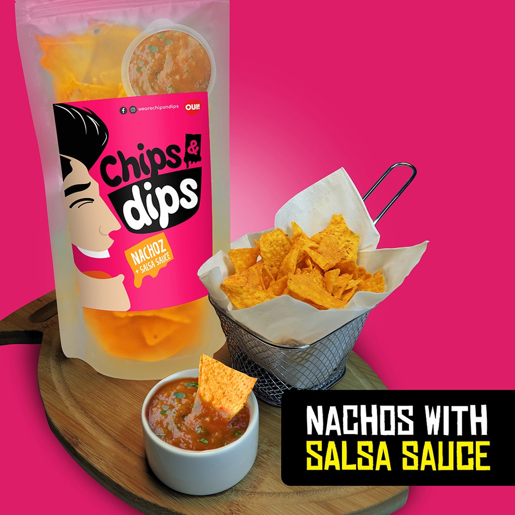 

CHIPS & DIPS, Keripik Nachos / Tortilla dg cocolan Saus Salsa, Gurih Segar Nikmat