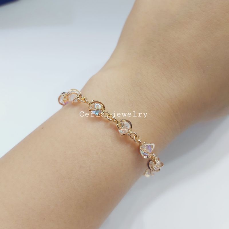 Gelang Perak Asli Silver 925 Lapis Emas Model Kristal Sangkar- Perhiasan Perak