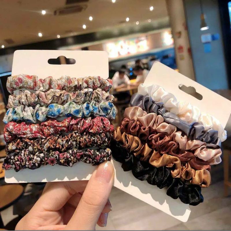 [COD] 1 set 6 pcs  ikat rambut Scrunchie Korea Kecil Ikat Rambut Korea bahan Kain Satin Kunciran