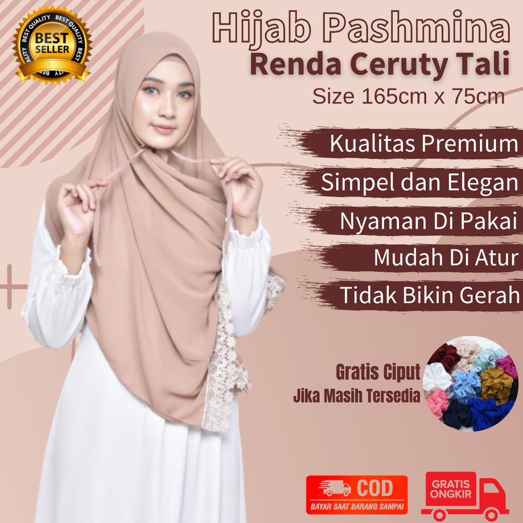 Kerudung Wanita Pashmina tali renda ceruty baby doll Jilbab Instan size 165 x 75 cm