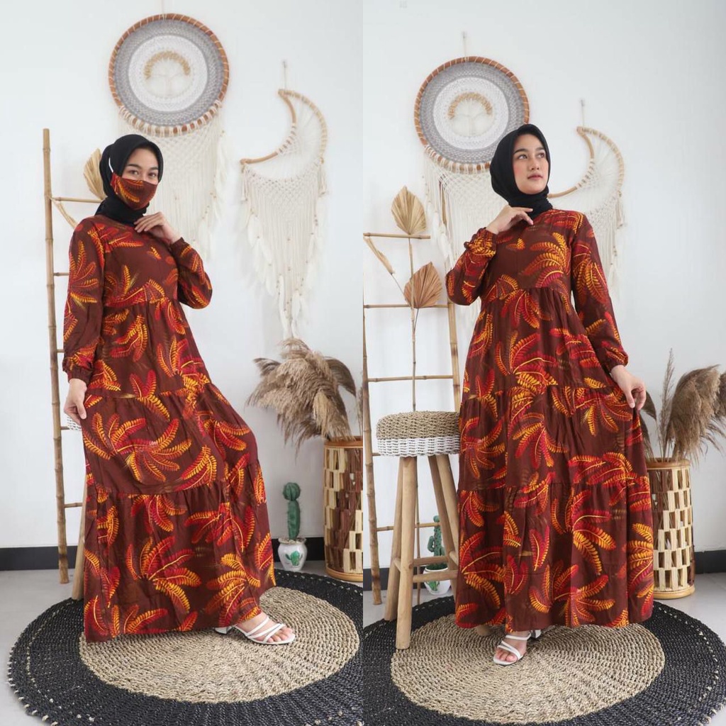 [FREE MASKER] Gamis Rempel Baju Muslim Wanita Bahan Rayon Import Motif Bunga Kecil Terbaru Murah