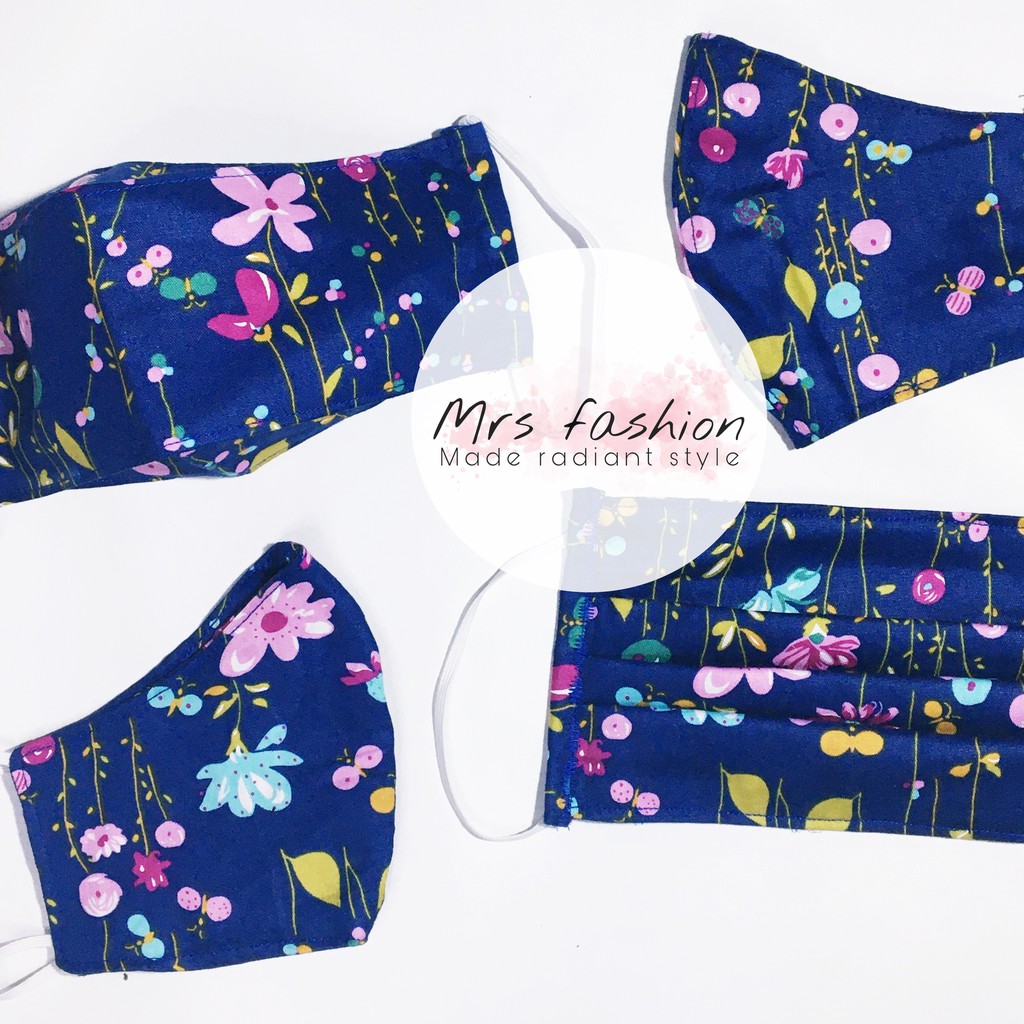 masker kain dua lapishijab earloop motif bunga navy