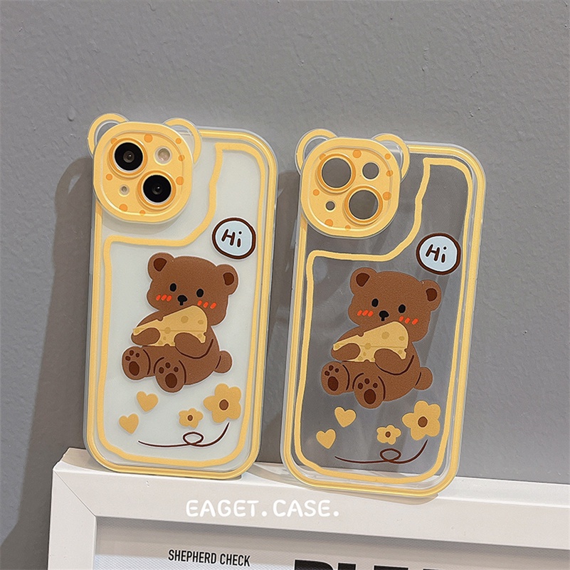 Soft Case Silikon Motif Beruang Keju Untuk Compatible for iPhone 14 13 12 11 Pro Max X Xr Xs Max iPhone 8 7 6 6s Plus SE 2020 Cheese Bear Clear Phone Case Bear Lens All-Inclusive Silicone Shockproof Anti-fall Phone Cover