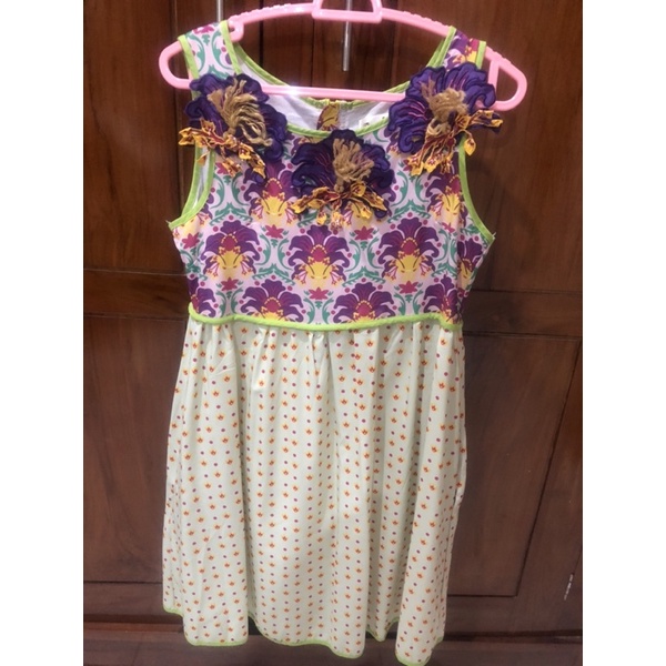 preloved DRESS bunga 3D ungu hijau neon