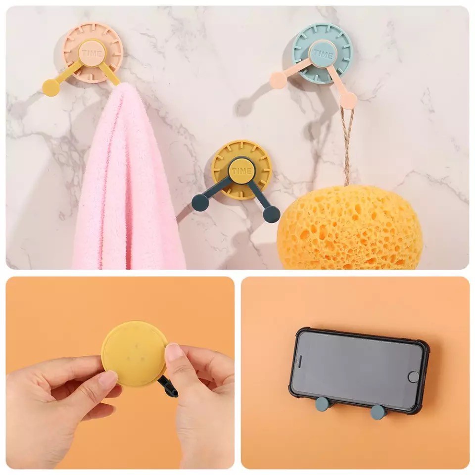 Gantungan Tempel Dinding 2 Kait Model Jam Time Holder / Cantelan Gantung Tas Kunci Kabel Baju Peralatan Dapur Ruang Tamu / Double Hook Holder Tempel Tembok Dinding Kaca Kayu 2 Pengait Interior Minimalis Modern Warna Pastel Serbaguna-2