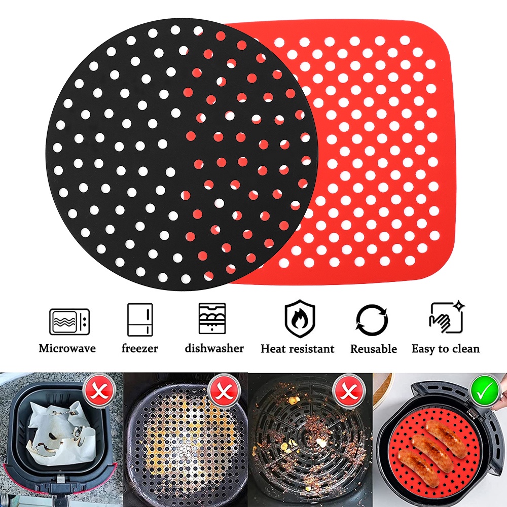 Matras Air Fryer Bentuk Bulat / Kotak Bahan Silikon Anti Lengket Tahan Panas