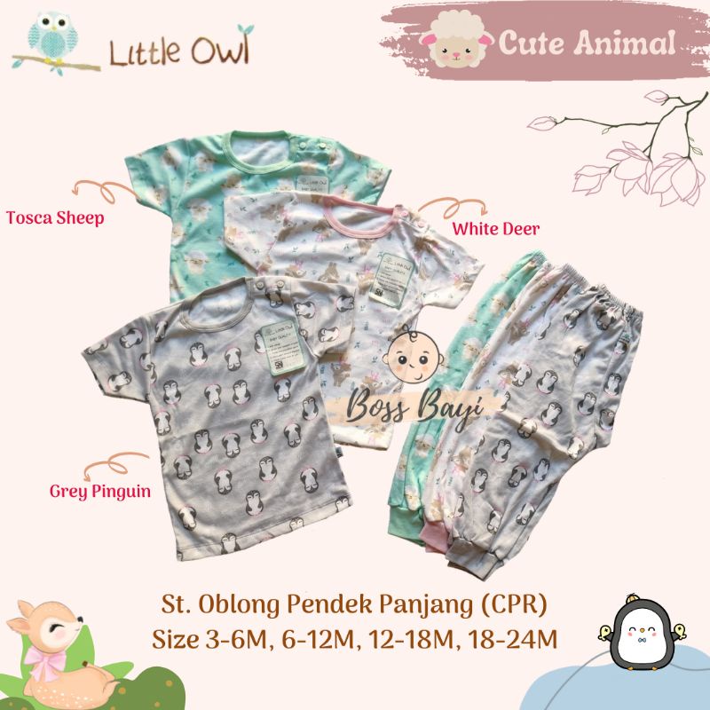 LITTLE OWL Setelan Oblong Kancing Pundak Baju Lengan Pendek Celana Panjang 6-12M,12-18M,18-24M