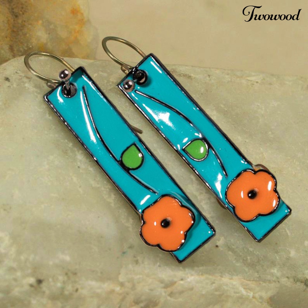 Twowood 1 Pair Women Earrings Painted Flower Jewelry All Match Rectangle Long Hook Earrings for Dating