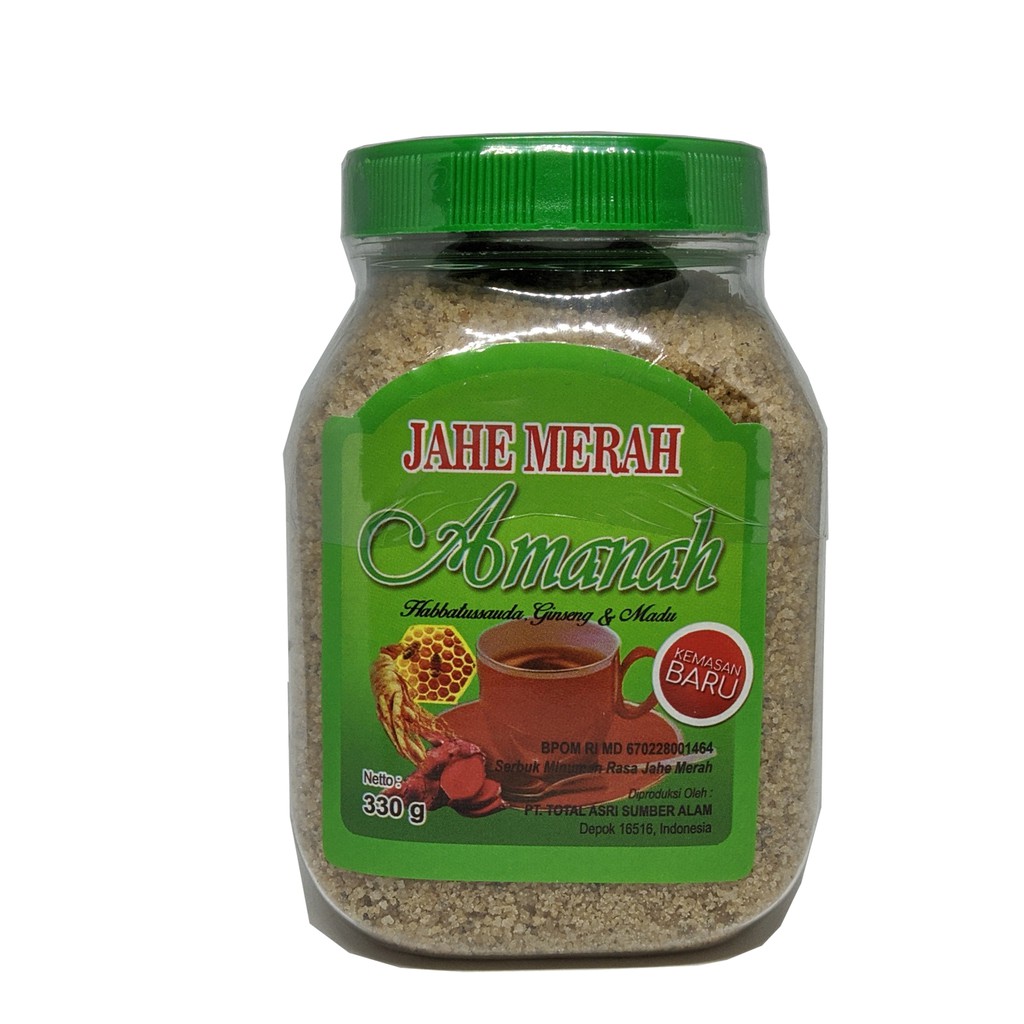 

Jahe Merah Amanah | Jahe Merah Amanah Plus Habbatussaudah dan Gingseng Instant Kemasan Baru 330gr