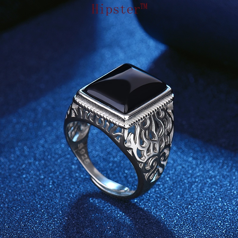 Retro Simple Stylish Domineering Inlaid Hollow Black Agate Ring